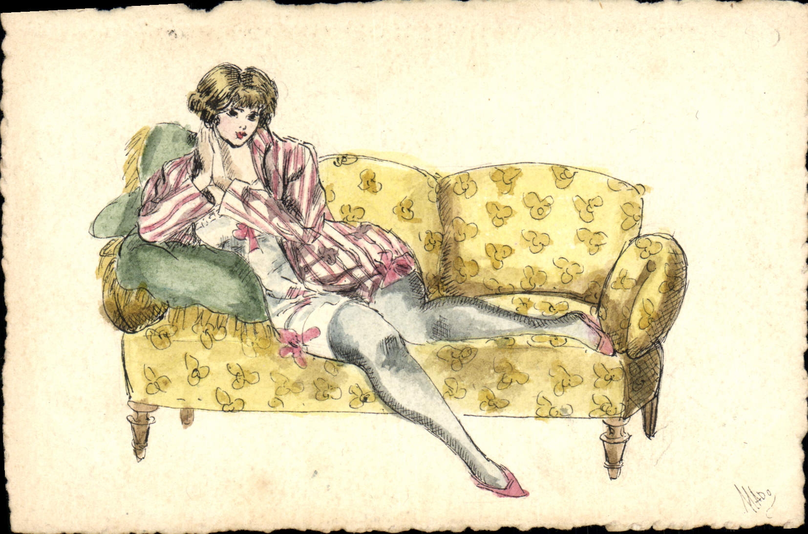 Femme allongée sur canapé — illustration — signée 'Mado'