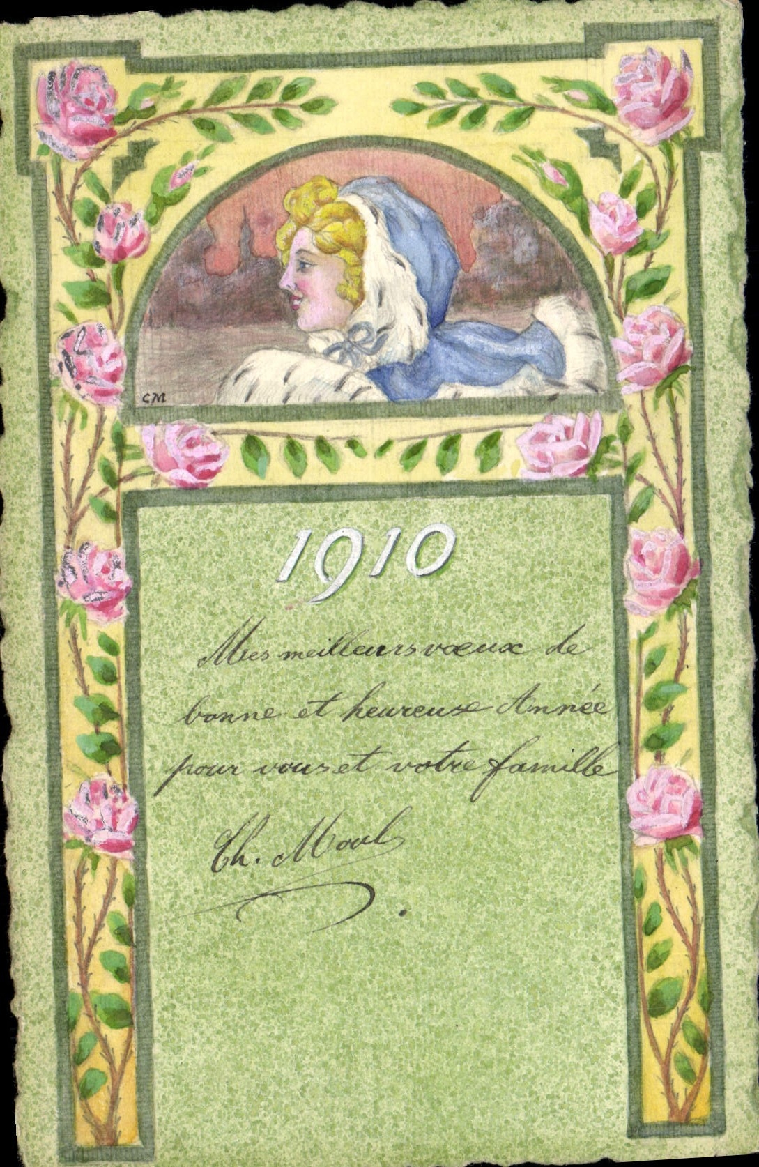Femme en robe bleue — carte de vœux 1910 — éditeur non visible