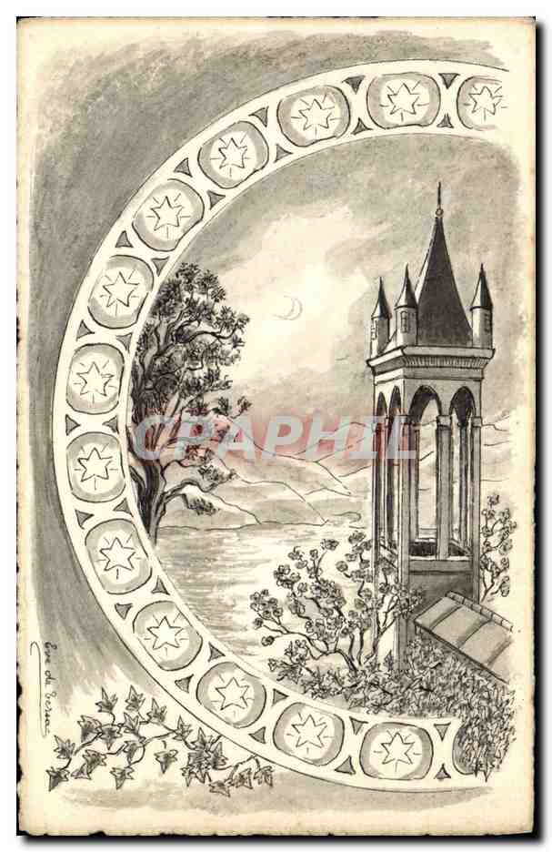 Vue de nuit avec tour et croissant de lune — Éditeur : Émile de Rostas, n° 123