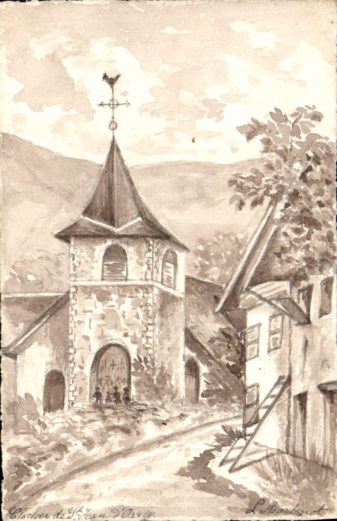 Clocher de Saint-Jean d'Arvey — dessin à l'encre et à l'aquarelle — L. Martinot