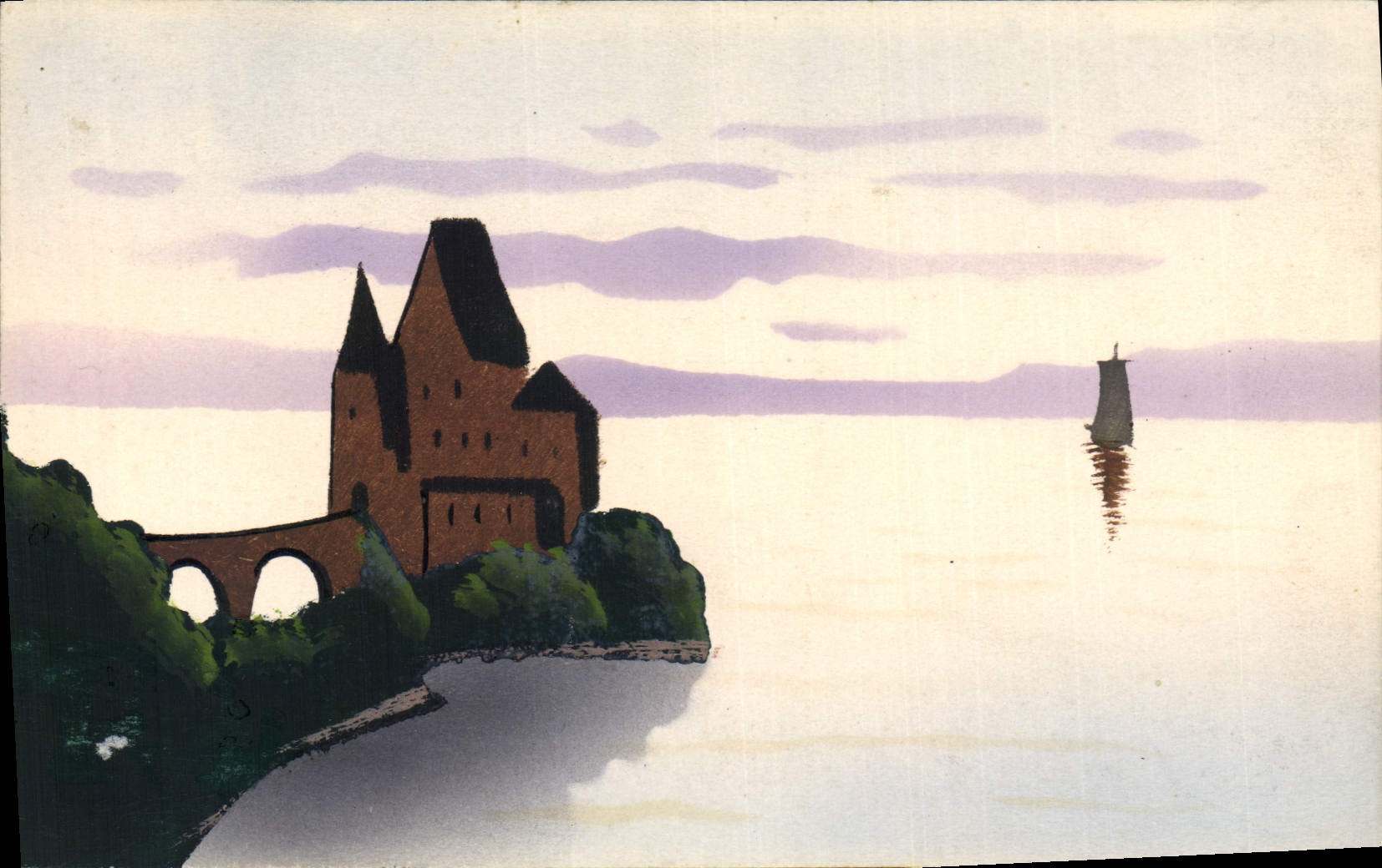 Château et pont sur lac — illustration — CPAPHIL n° II