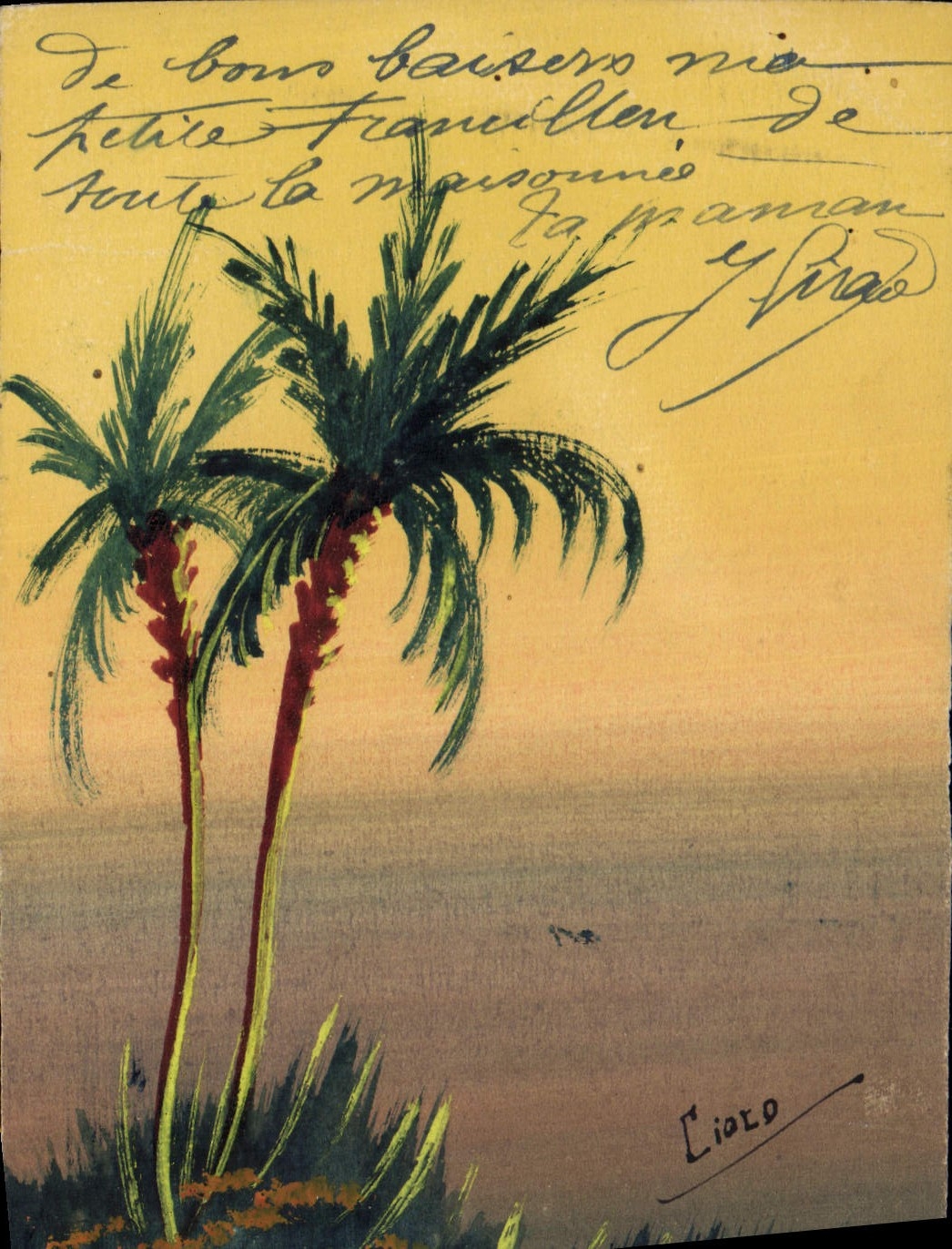 Palmiers au bord de la mer — illustration de Liolo — signée 'Liolo' en bas à droite