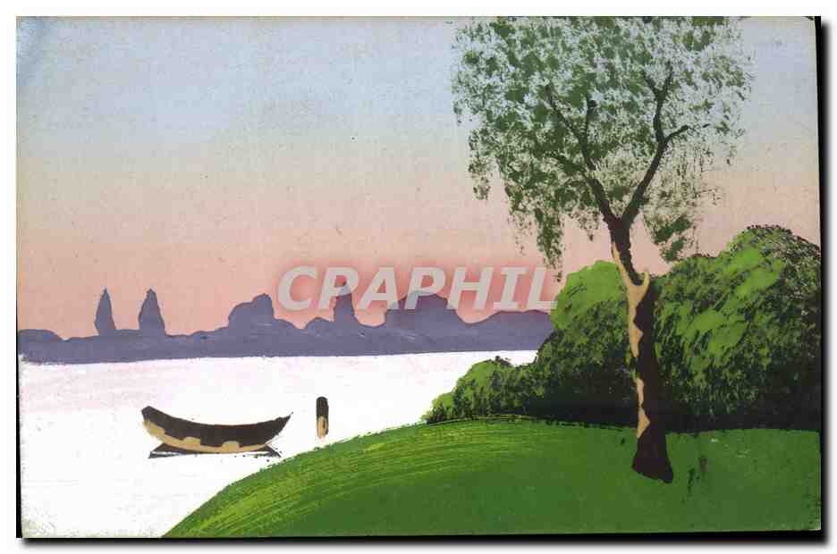 Paysage lacustre avec barque — éditeur non identifié, n° de série non visible