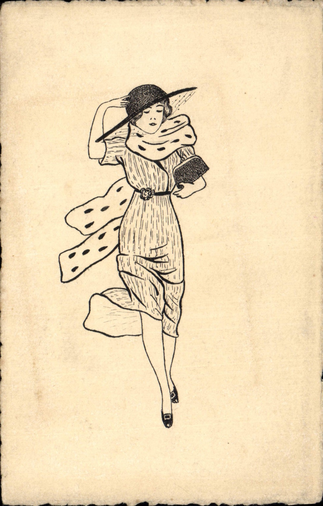 Femme élégante en chapeau et écharpe — illustration Art déco — sans éditeur ni numéro visible