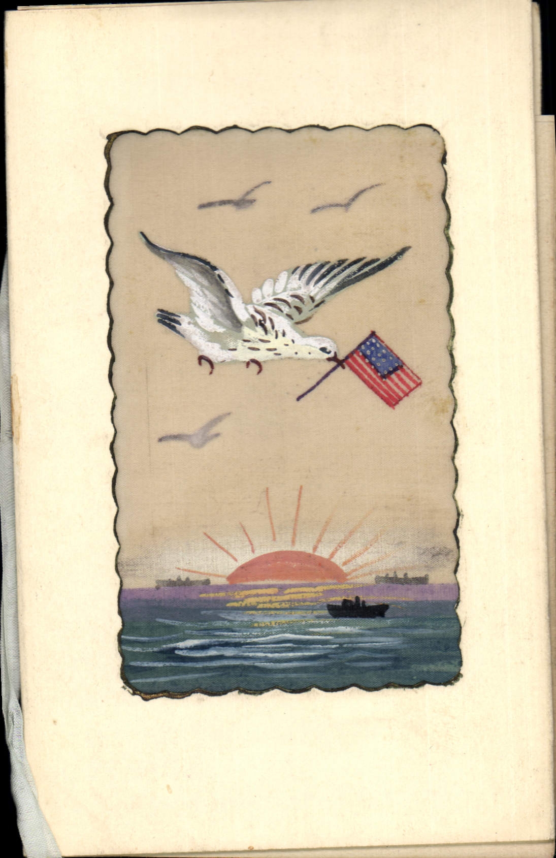 Pigeon portant drapeau américain — scène de coucher de soleil sur mer — œuvre textile
