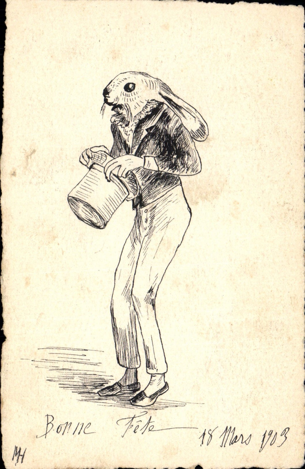 Lapin en costume — Bonne Fête 18 Mars 1903 — dessin signé '144'