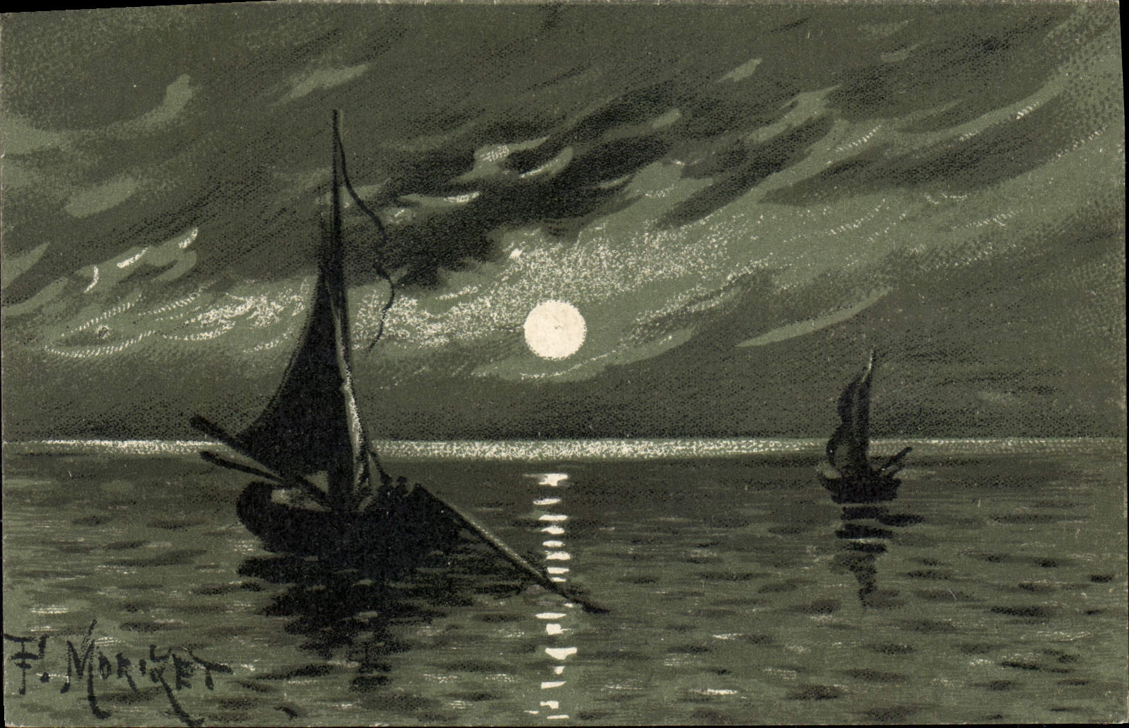 Nuit sur la mer — deux voiliers sous la lune — F. Moriger