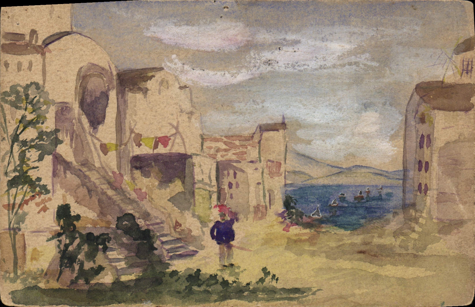 Vue de village côtier — peinture à l'aquarelle — République Française