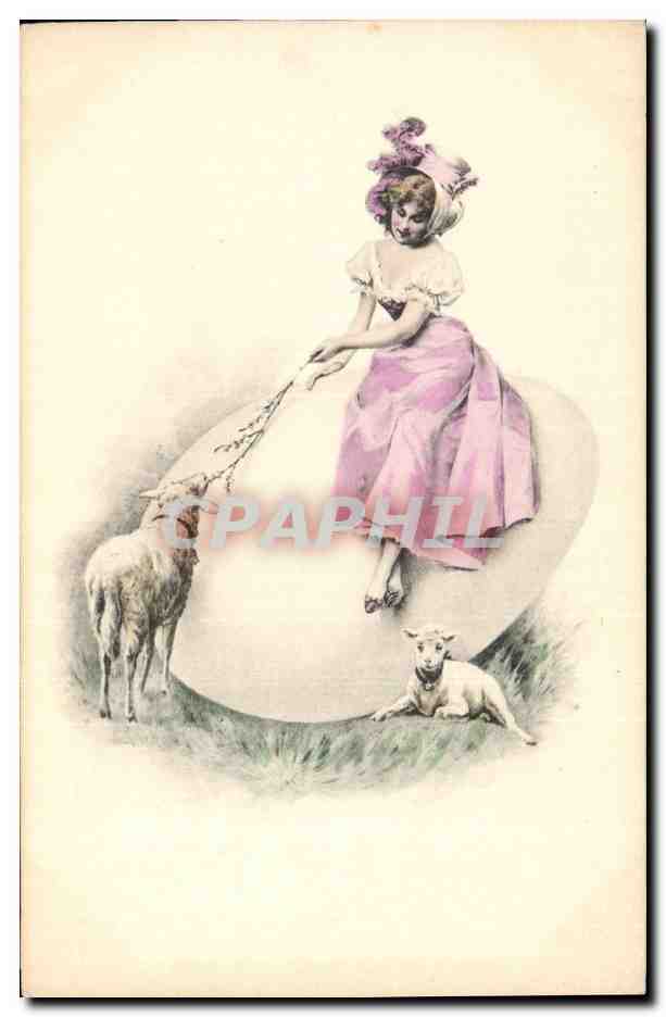 Femme en robe rose avec moutons — illustration — M. M. Vienne