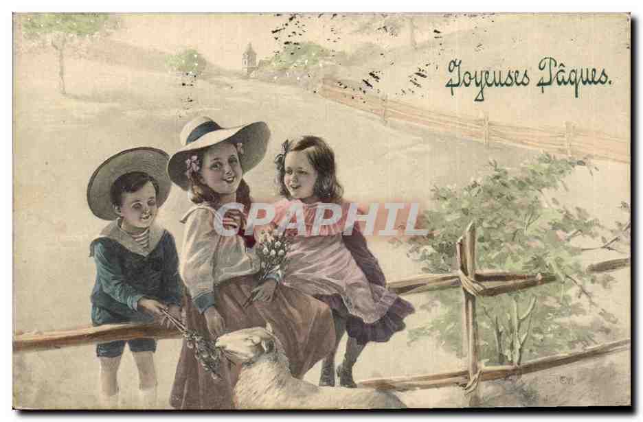 CPA Fantaisie Enfants Paques Agneau 