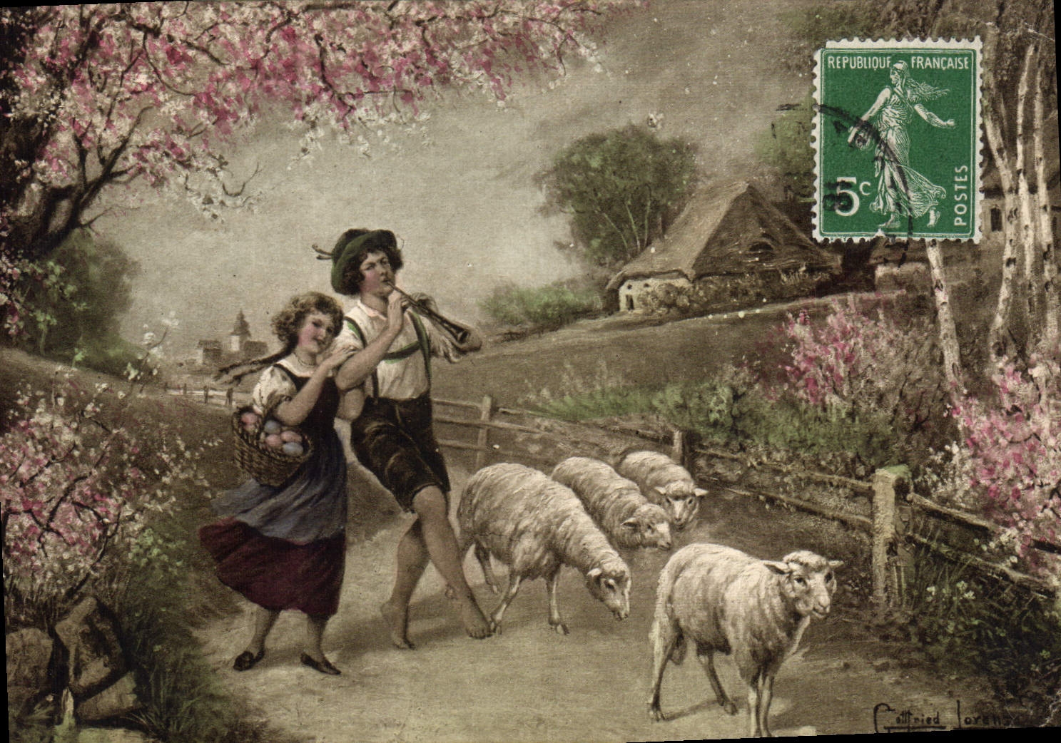 Jeunes bergers — scène pastorale — W.R.B. & Co. Vienne, série 2773