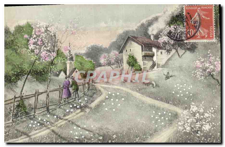 Paysage de campagne avec couple — éditeur V. K., Vienne, n° 4134