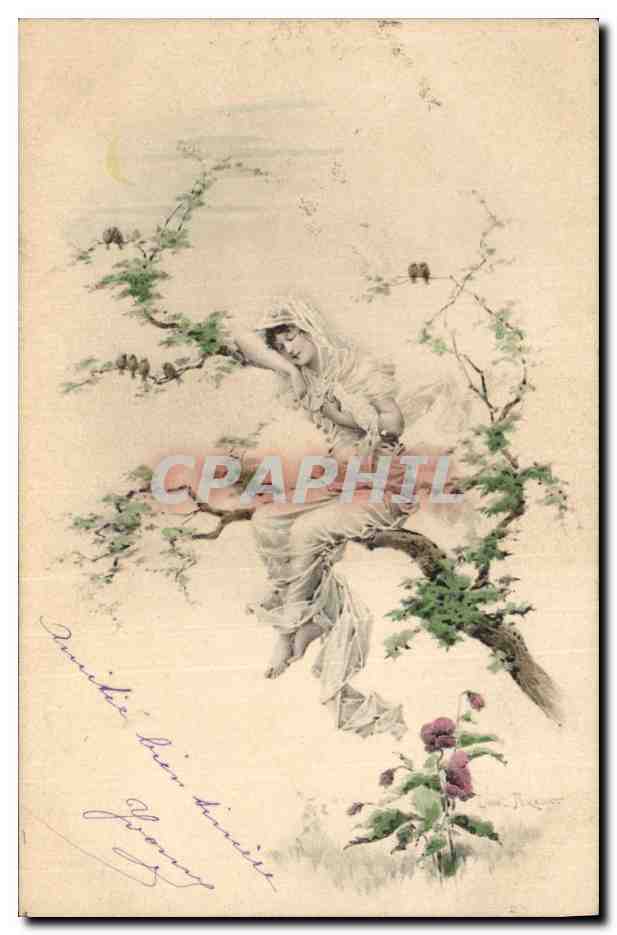 Jeune femme assise sur une branche — sous la lune — éditeur J. Jaquez