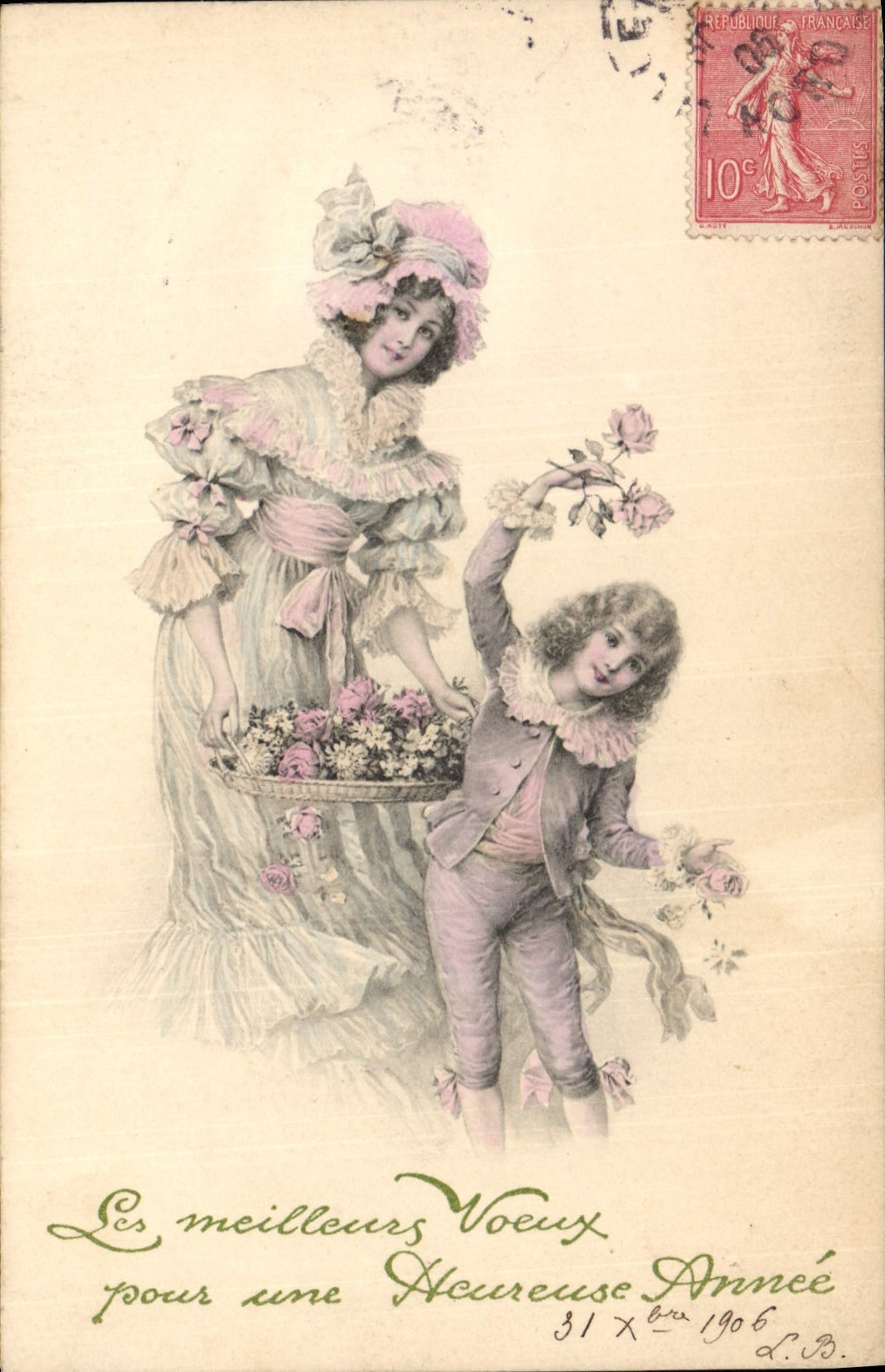 Femme et enfant avec bouquet de roses — vœux pour une heureuse année 1906 — L.B. éditeur