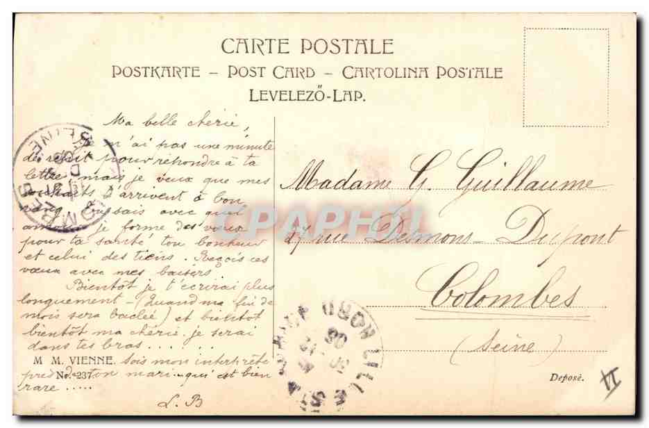 Femme et enfant avec bouquet de roses — vœux pour une heureuse année 1906 — L.B. éditeur — Verso