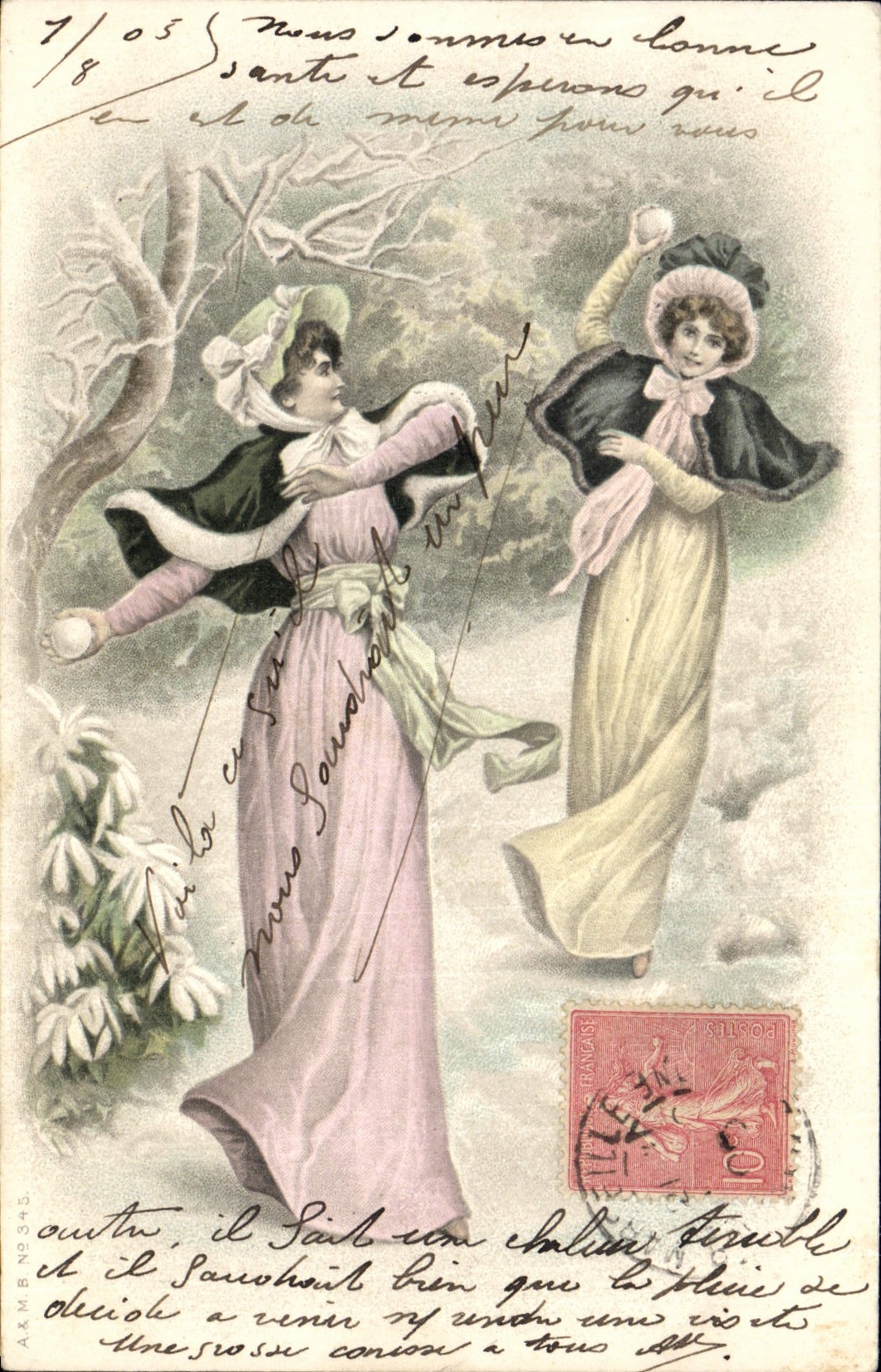 Deux jeunes femmes en robe de bal dans un paysage hivernal — A&M N° 843 — éditeur A&M