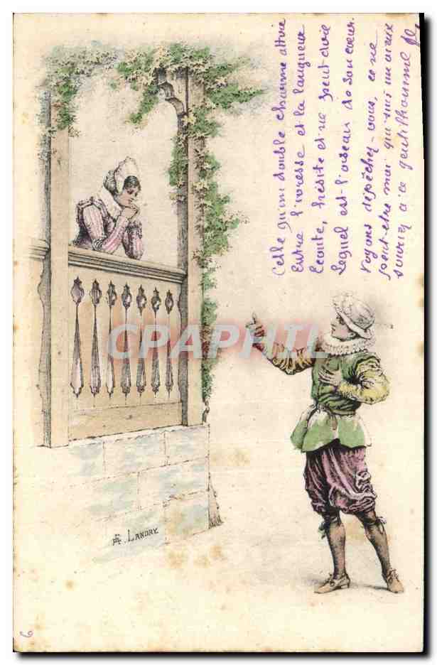 Jeune homme et jeune femme au balcon — scène de cour à la Renaissance — éditeur Landore, n° 5