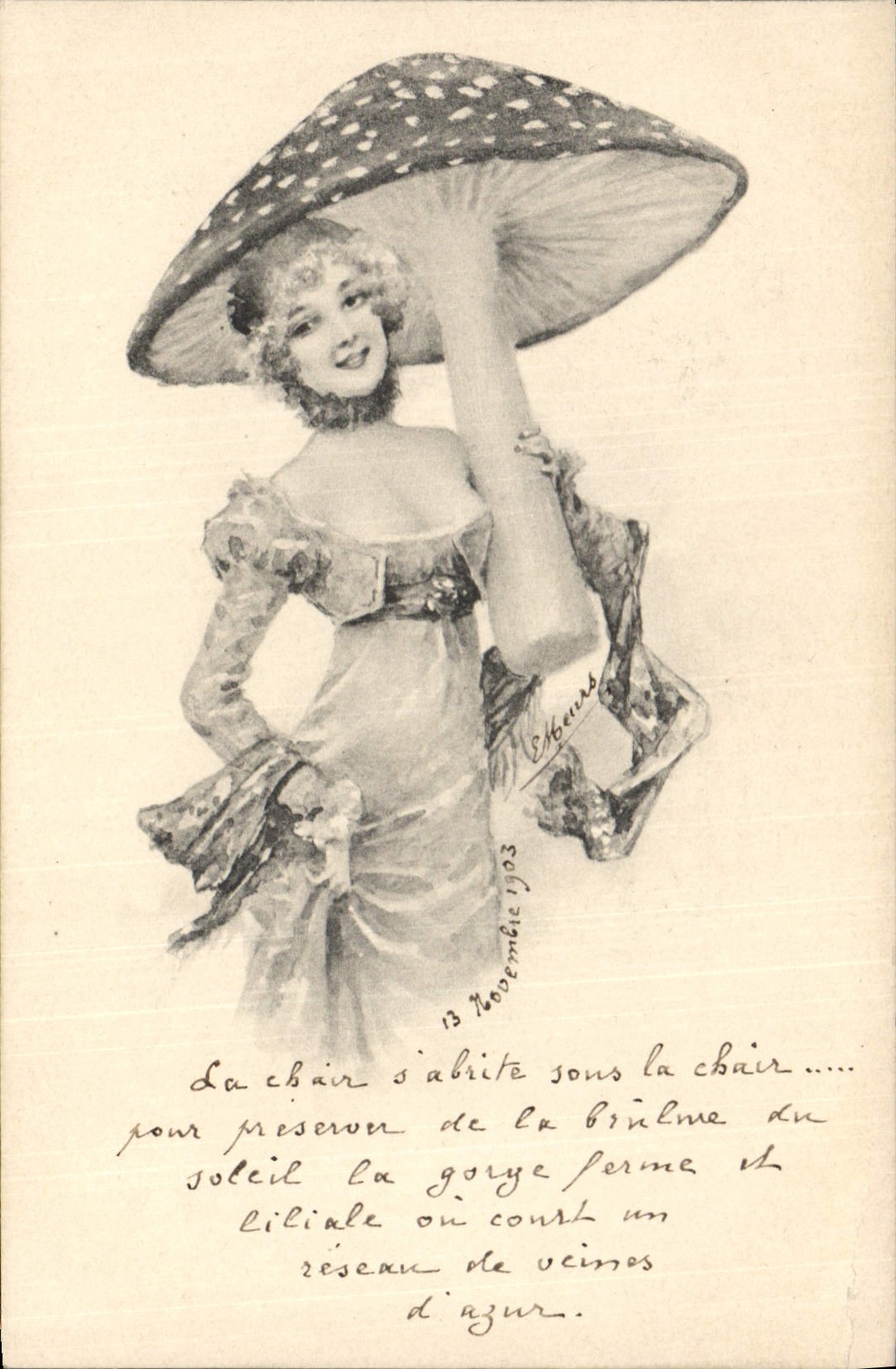 Femme sous champignon — poème sur la chair de champignon — éditeur Ch. Hébert, n° 4099/2