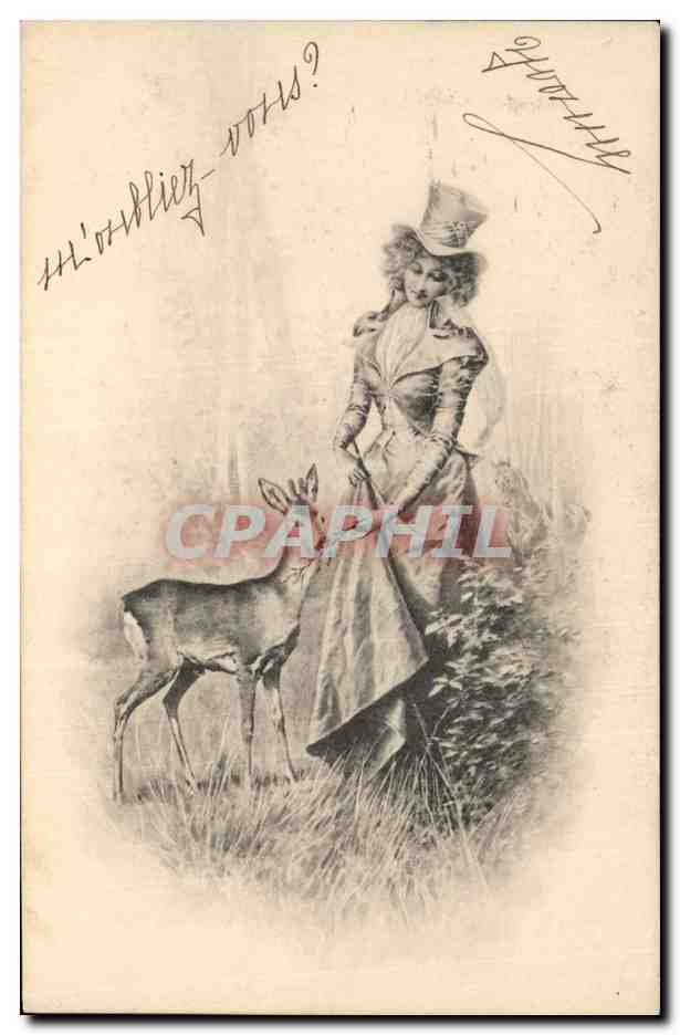 Femme avec cerf — illustration — éditeur inconnu