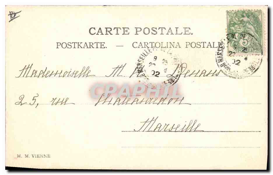 Jeune femme en robe et chapeau fleuris — M.M. Vienne, éditeur n°1 — Verso