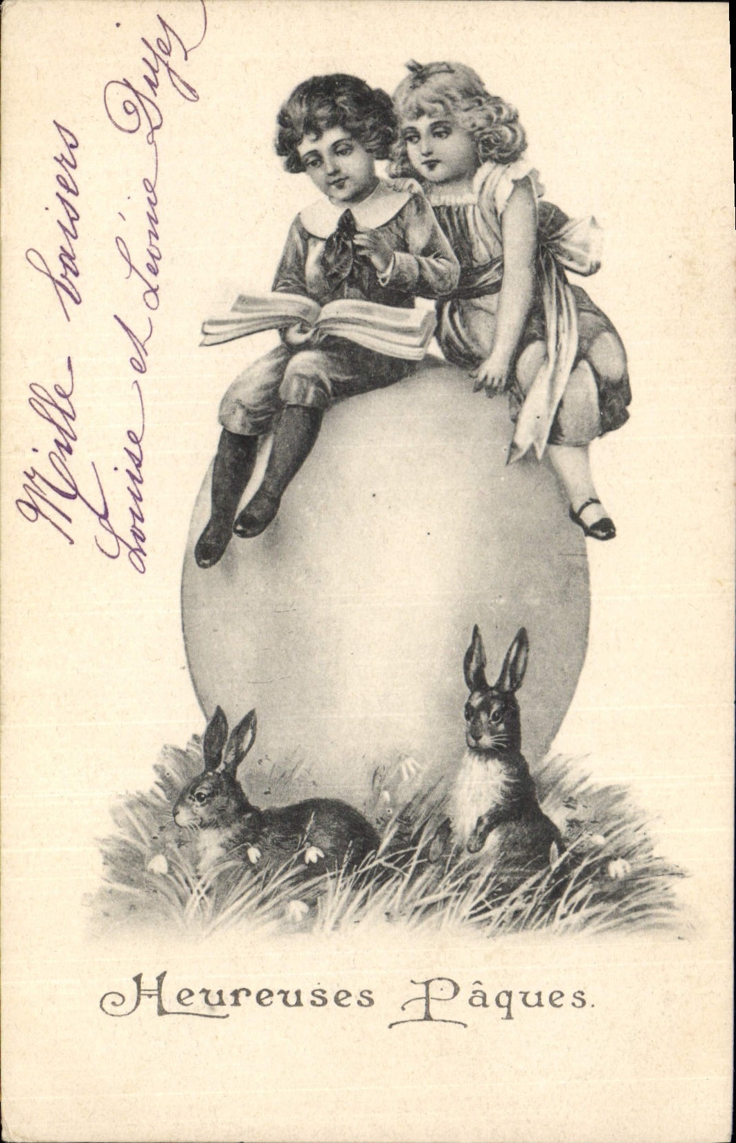 Enfants sur œuf de Pâques — Heureuses Pâques — éditeur Dorisine Gufes