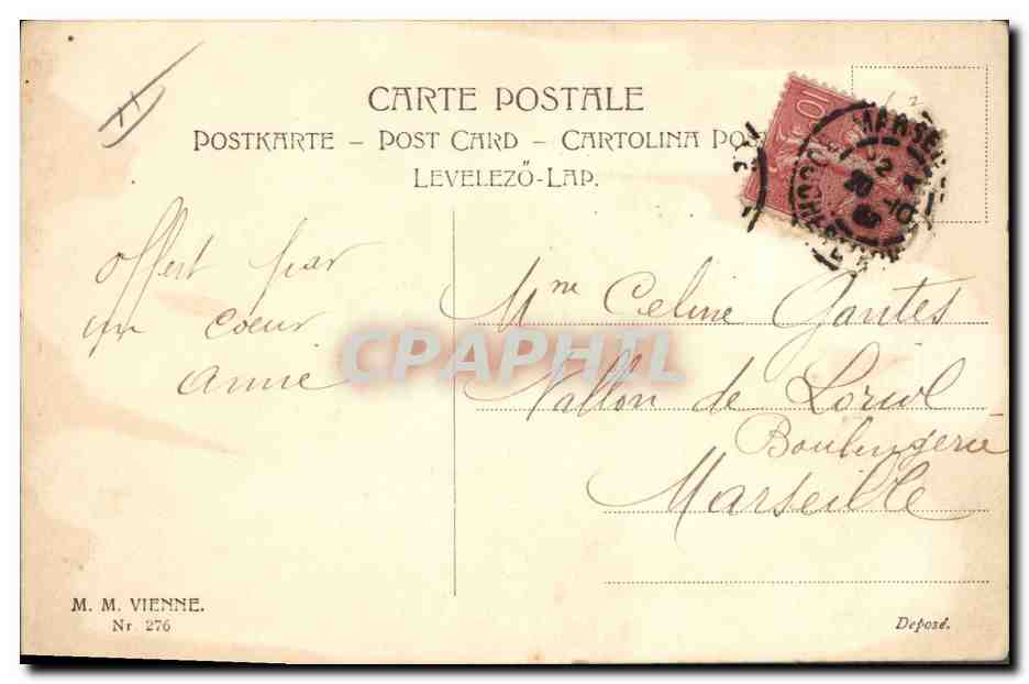Jeune femme avec bouquet — Bonne Fête — M. M. Vienne, Nr 276 — Back