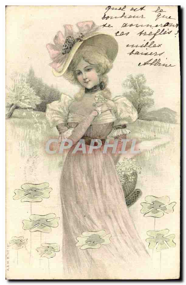 Jeune femme en robe longue et chapeau à fleurs — A.L.M. BROTTE — éditions anonymes