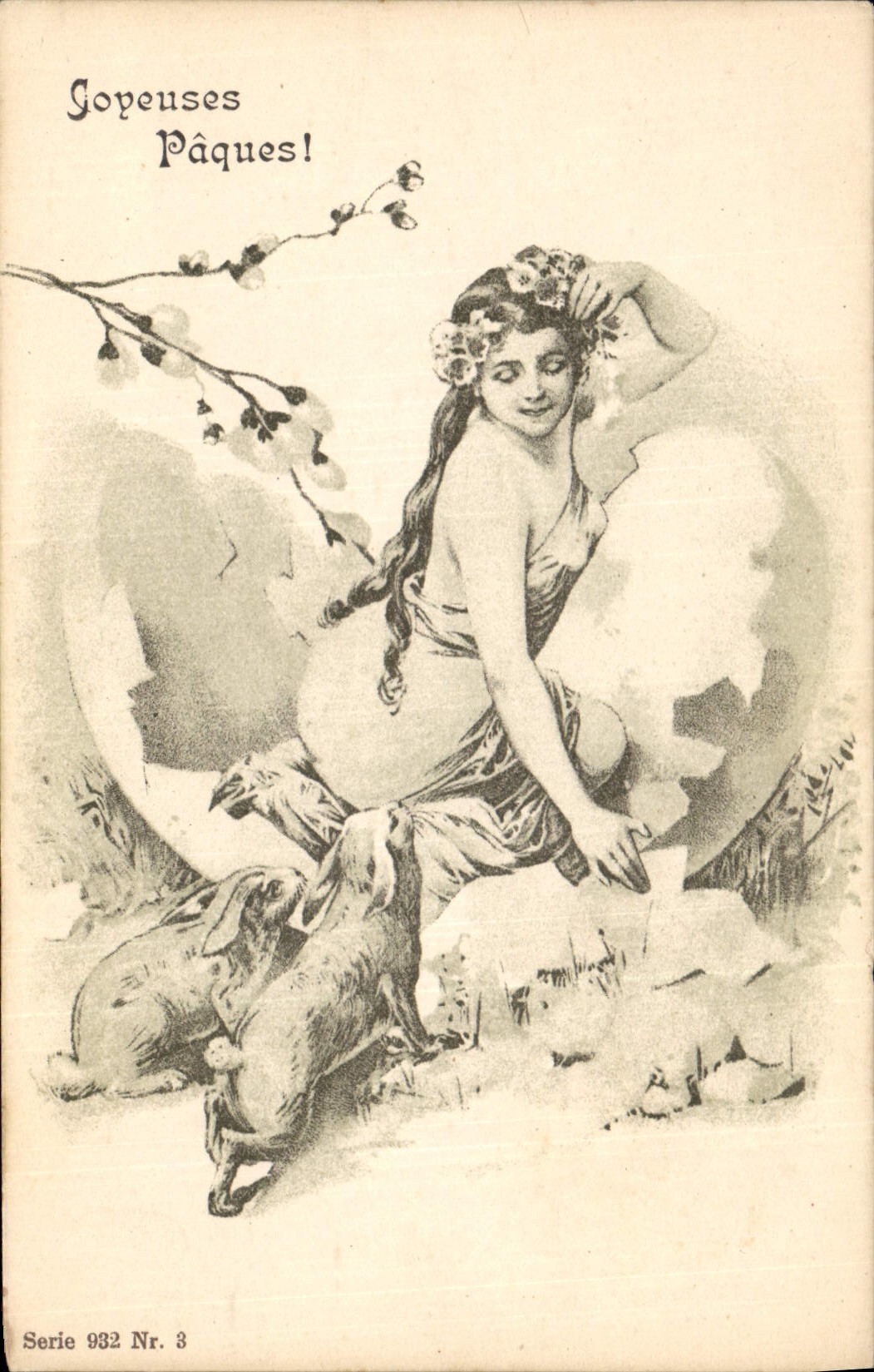 Fête de Pâques — jeune femme avec lapins — série 932 n° 3
