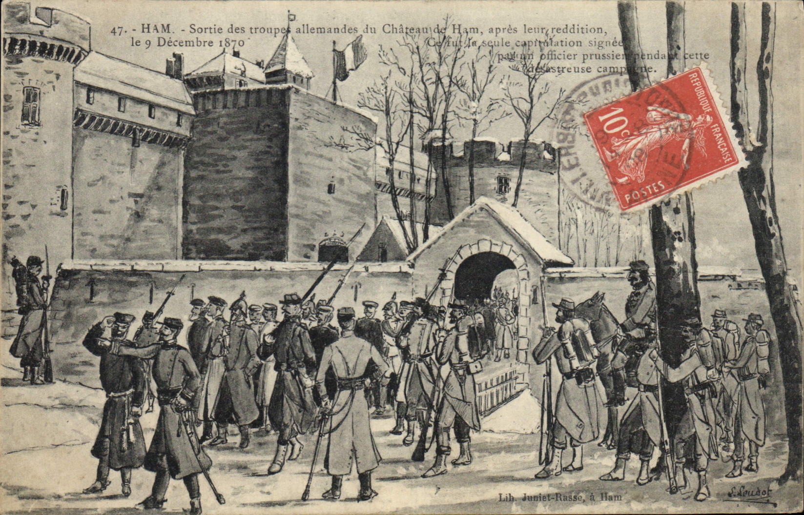 HAM - Sortie des troupes allemandes du Château de Ham, après leur reddition, le 9 Décembre 1870 — Lith. Juniet-Russo, à Ham