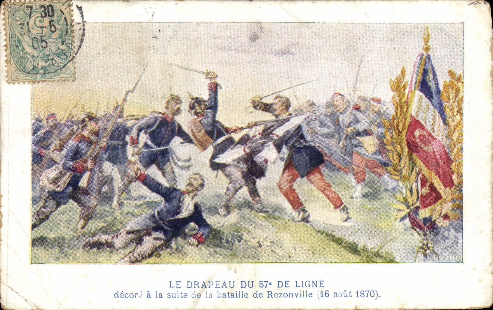Antike Ansichtskarte Militaria Krieg von 1870 Das Banner des 57. Linienregiments nach der Schlacht von Bezonville 16. August 1870