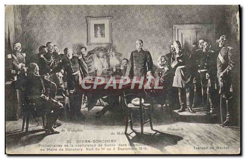 Sedan-Donchery — Vorbereitungen der Kapitulation von Sedan in der Stadtpräsidenten-Kammer von Donchery, Nacht vom 1. zum 2. September 1870 — Gemälde von Werner
