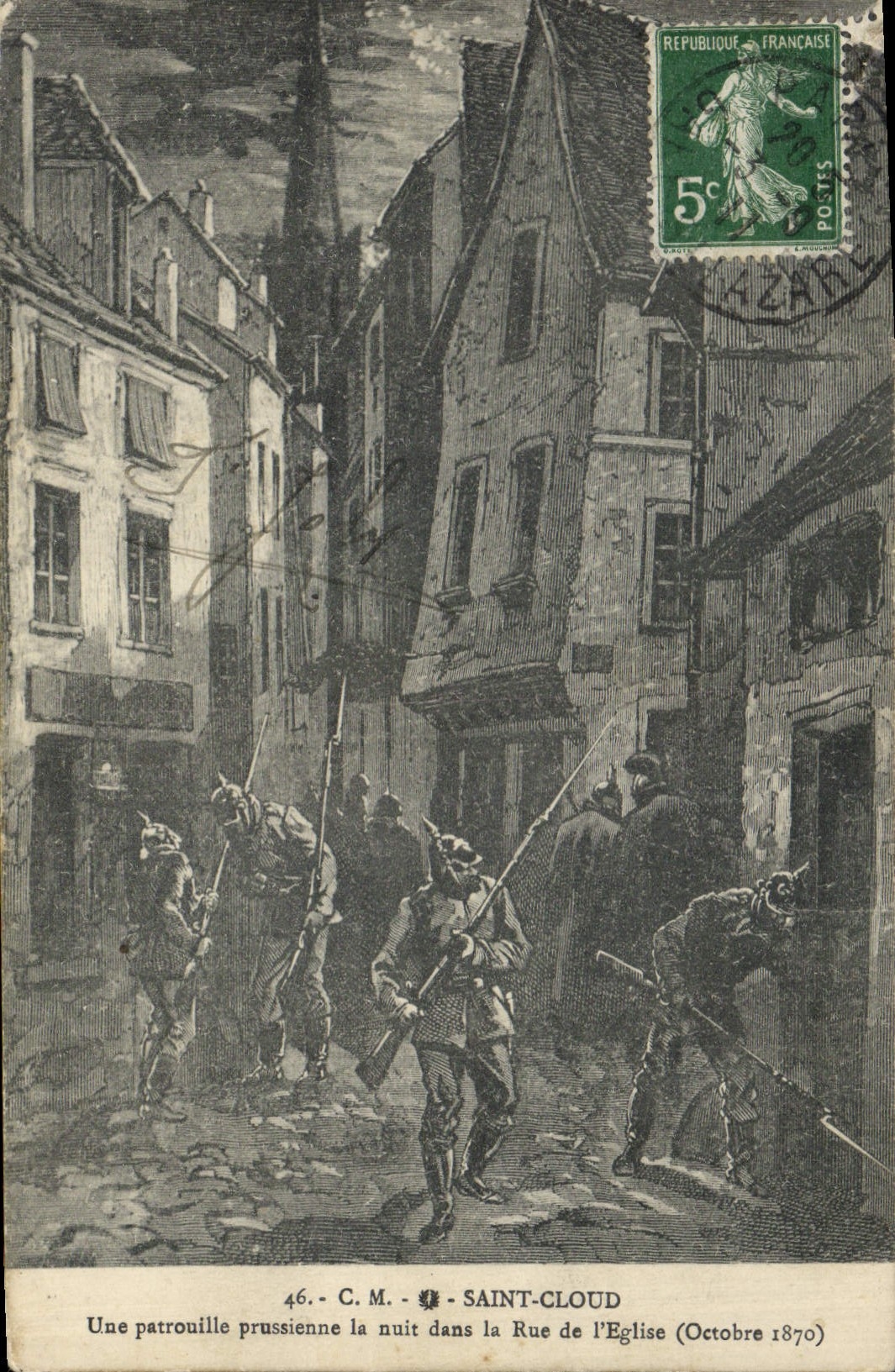Une patrouille prussienne la nuit dans la Rue de l'Église — Saint-Cloud — C.M. n°46