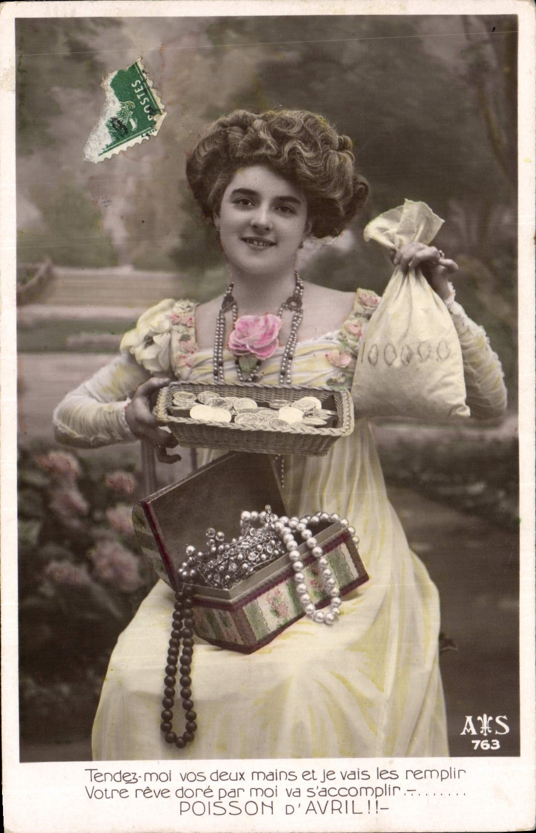 Poisson d'Avril — femme tenant un panier de pièces, un sac et un coffre à bijoux — éditeur A&S n°763