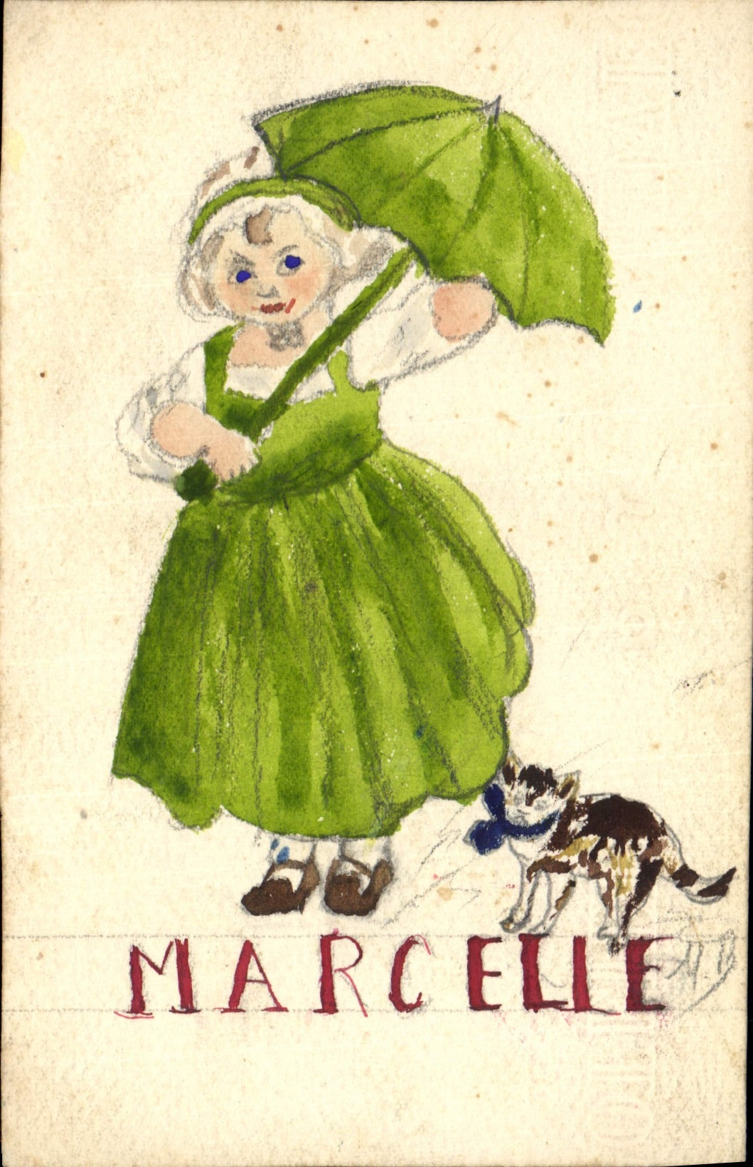 Marcelle — enfant avec parapluie vert et chat — dessin à l'aquarelle