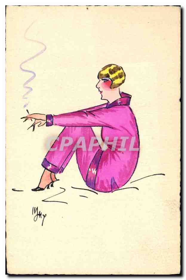 Femme en costume rose fumant une cigarette — style Art Déco — dessin signé 'Lyhy' — éditeur inconnu