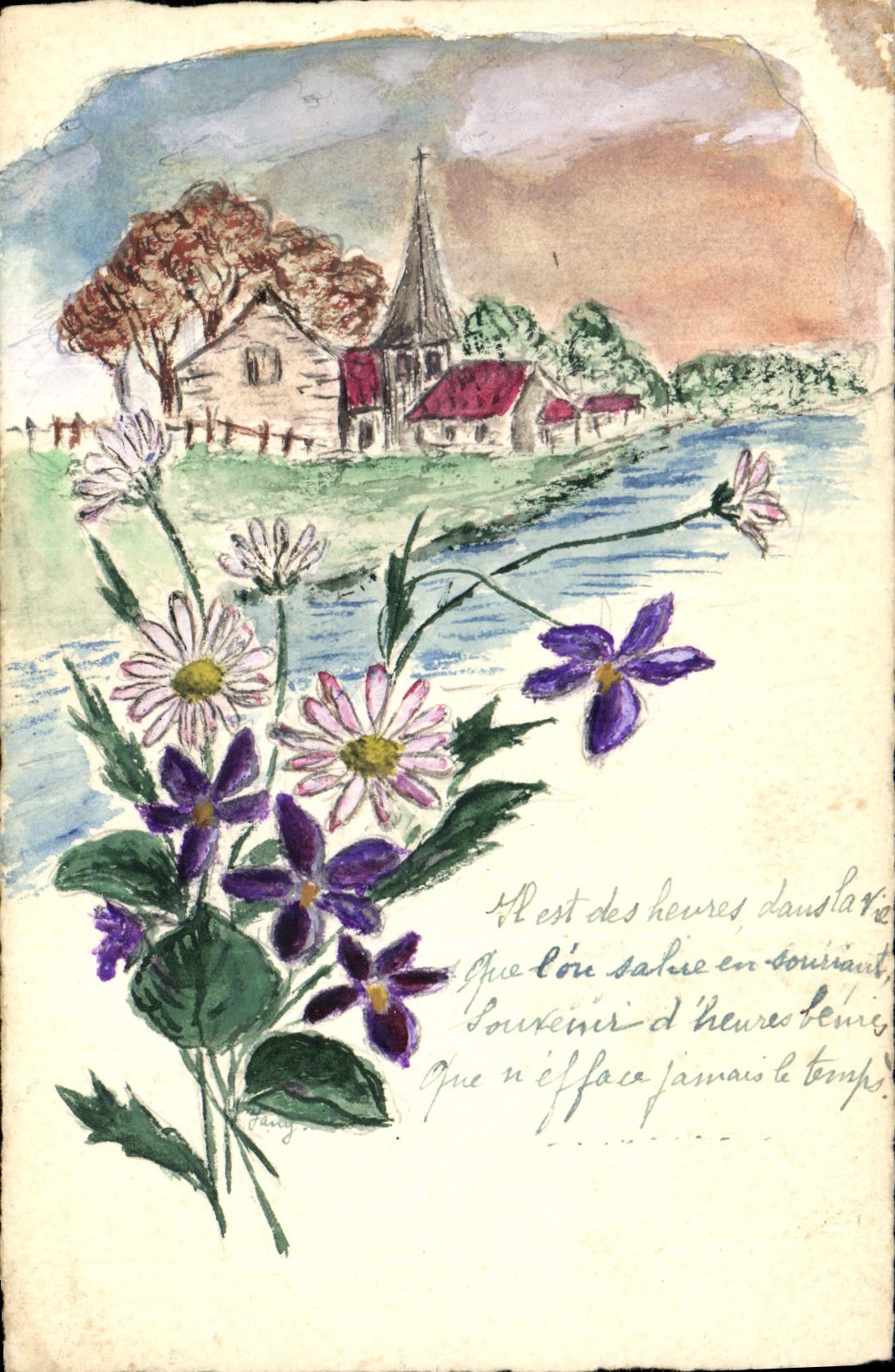 Village avec église — paysage aux fleurs — dessin à l'aquarelle — signature 'P. P. Paris'