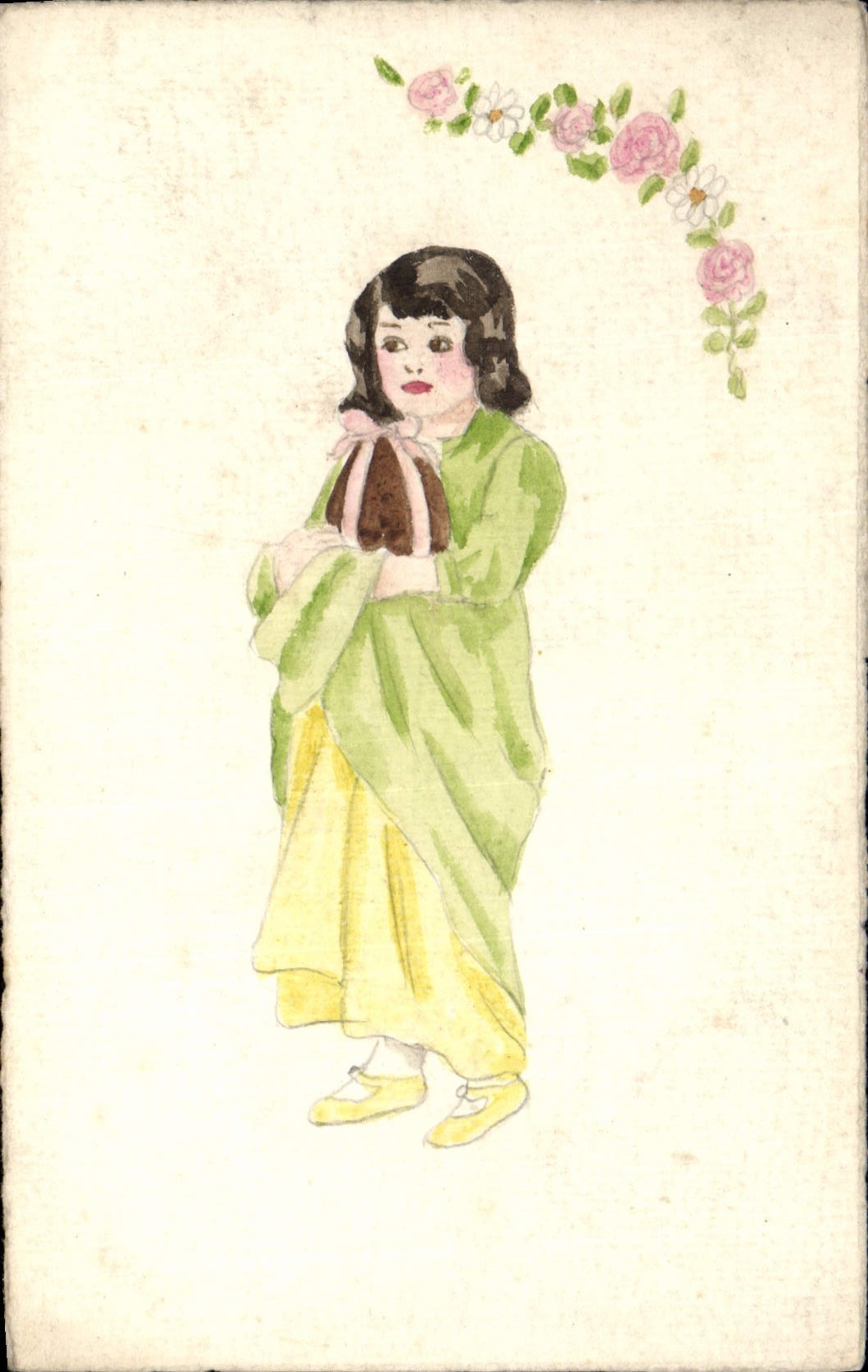 Fille tenant un lapin — illustration à l'aquarelle — éditeur inconnu
