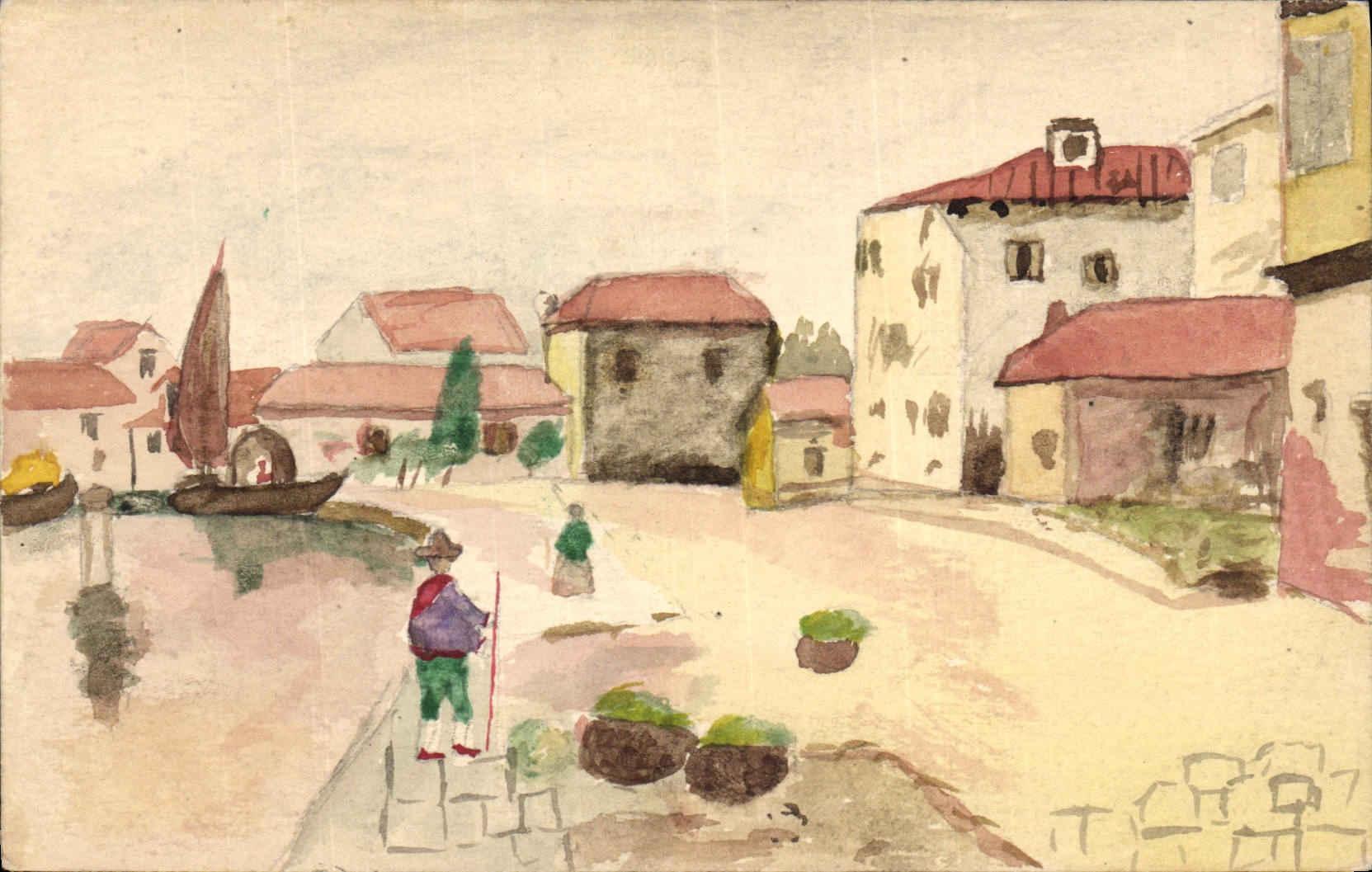 Vue de village fluvial — dessin à l'aquarelle — Carte postale n° III