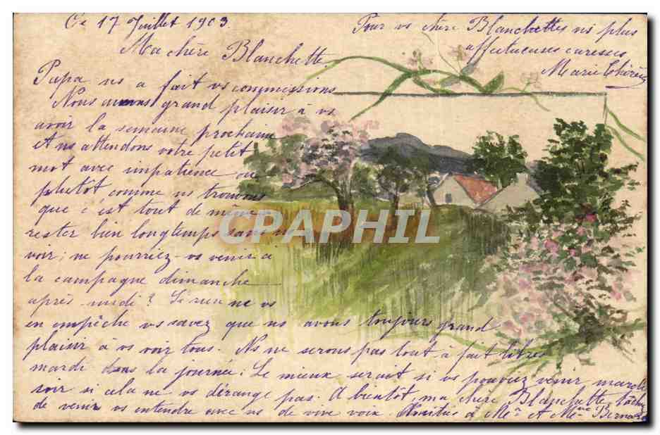 Paysage rural avec fleurs — carte postale datée du 17 juillet 1909 — éditeur non visible