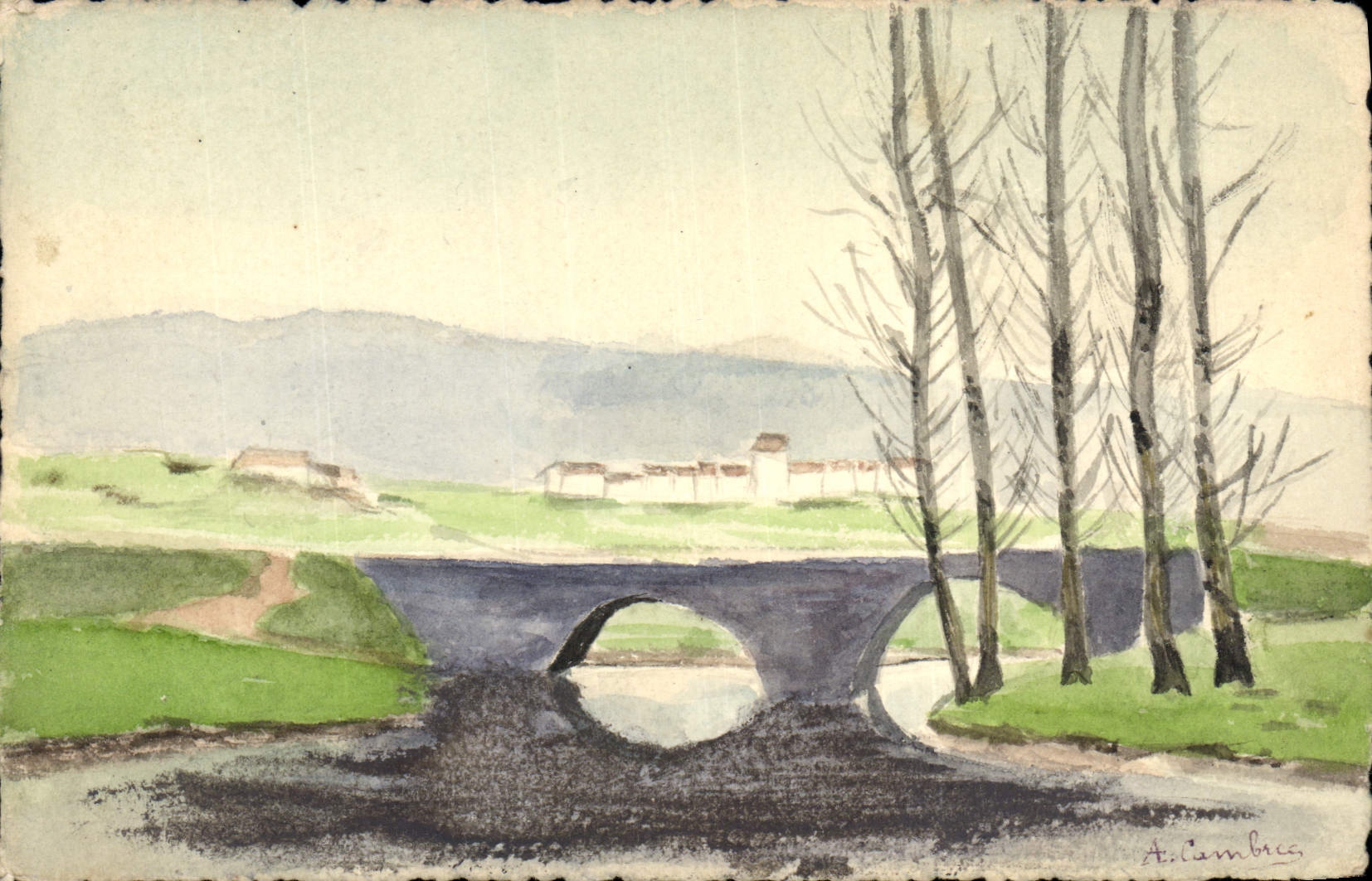 Paysage avec pont — A. Cambre — dessin à l'aquarelle