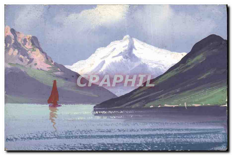 Lac avec montagne enneigée — bateau à voile rouge — éditeur inconnu