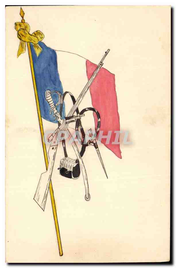 Drapeau français et armes de soldat — illustration — datée 30 août 1914