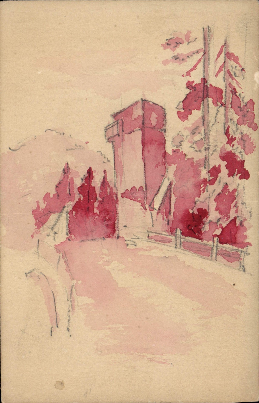 Paysage automnal — bâtiment et arbres en rouge — éditeur CPAPHIL, n° III