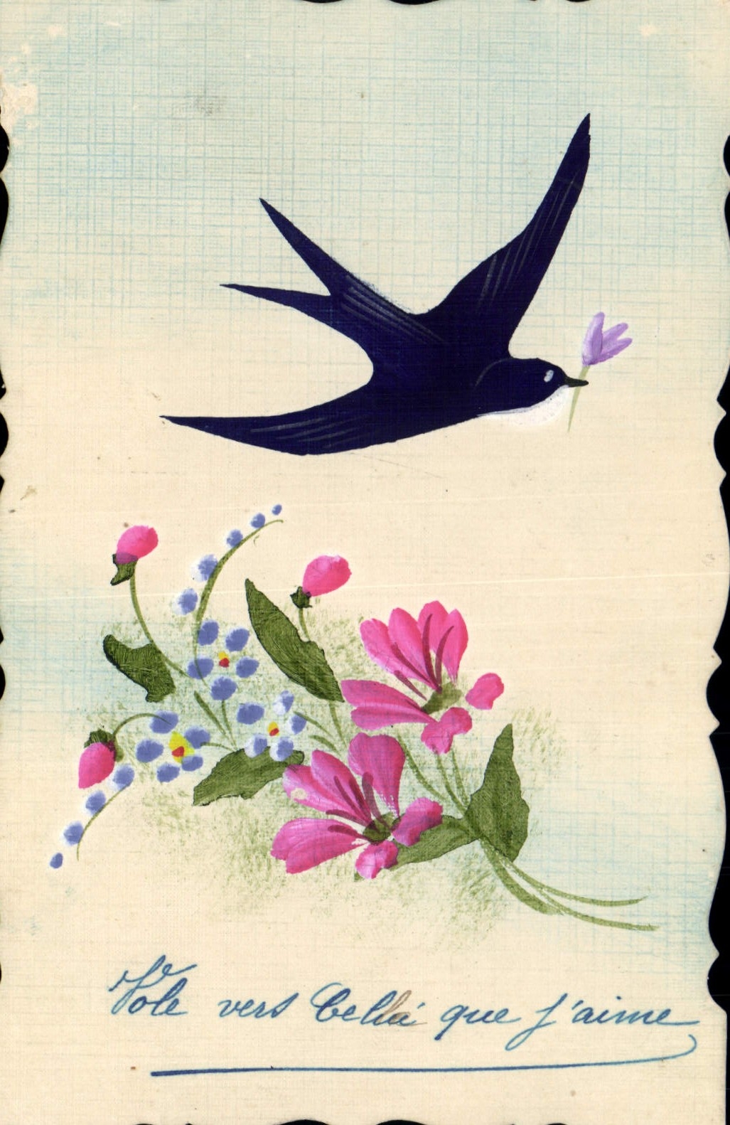 Oiseau portant une fleur — carte postale illustrée — éditeur inconnu