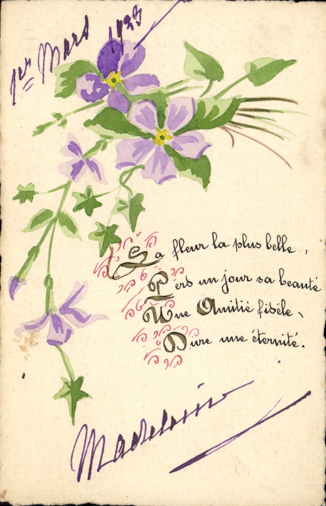 Fleurs violettes — poème manuscrit — datée 1er Mars 1909 — signature 'Madelais'
