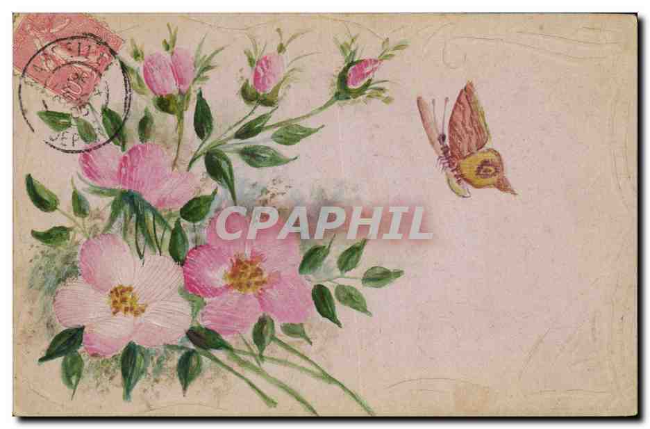 Fleurs et papillon — édition non identifiée — datée vers 1906