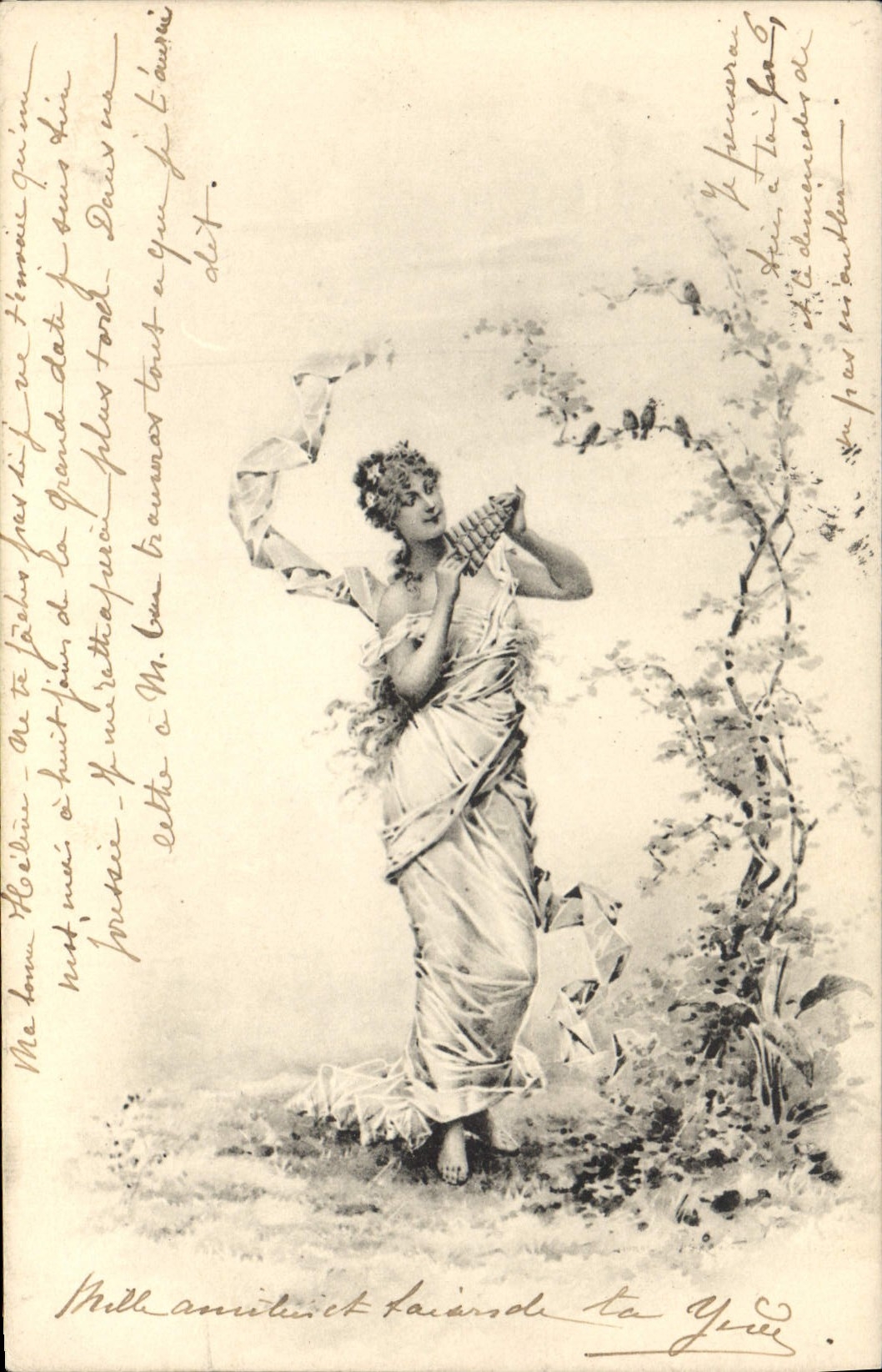 Femme en robe antique tenant un instrument — éditeur non identifié, n° de série non visible