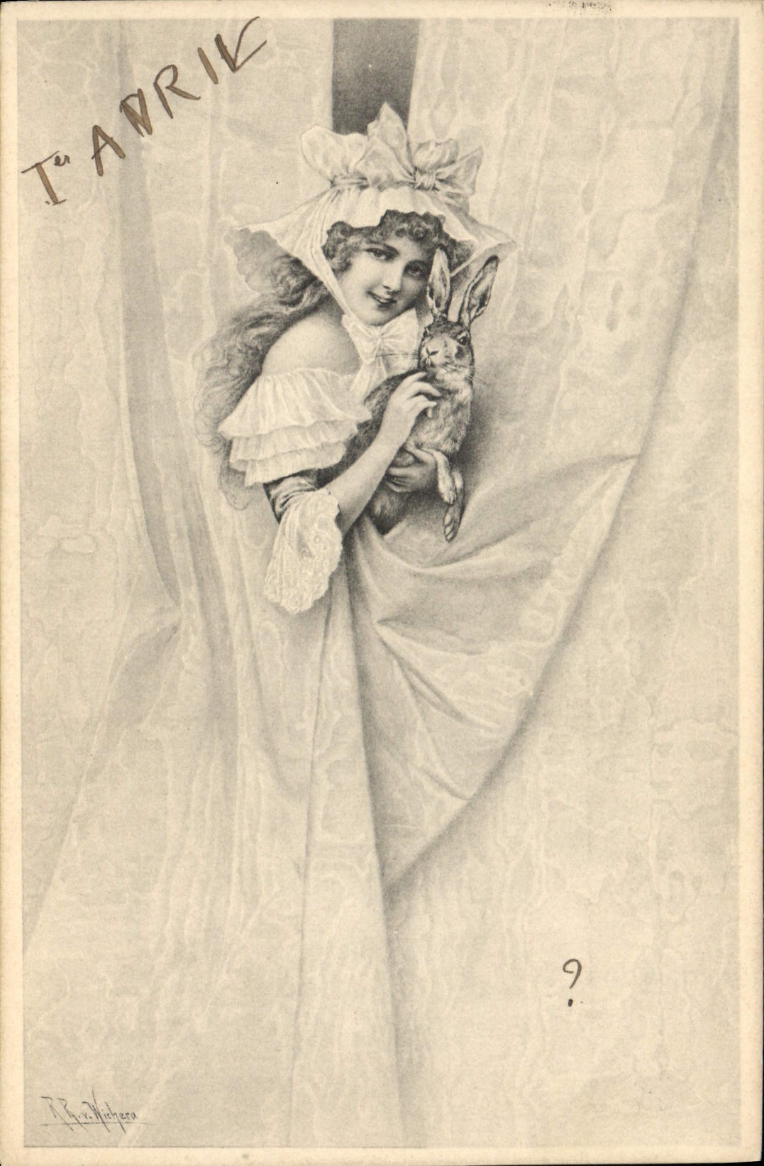Jeune femme en robe à volants tenant un lapin — T.ª Anórik, éditeur M. M. Vienne, n° 138