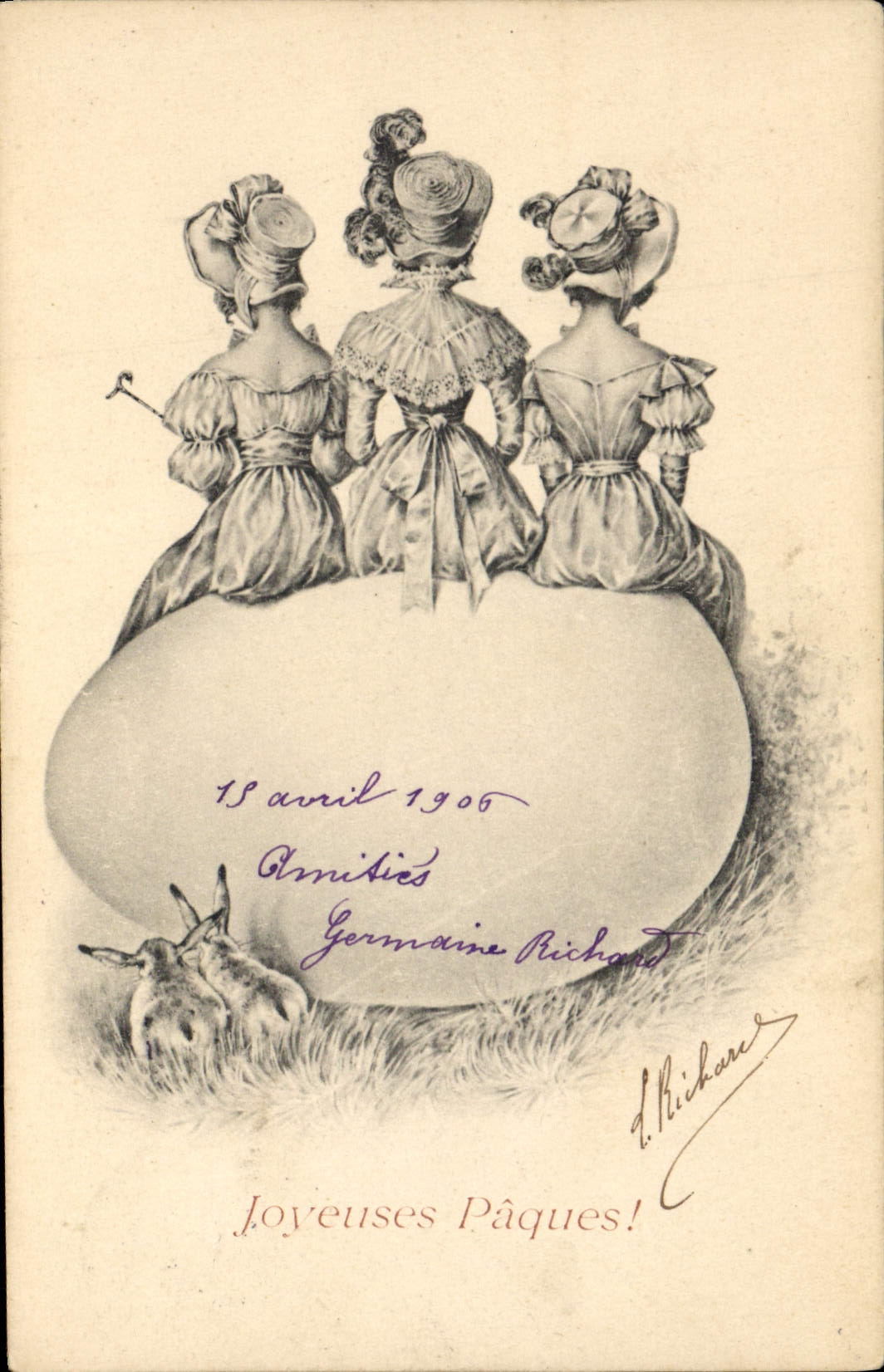 Trois jeunes femmes sur un grand œuf — Pâques 1906 — D. Richard