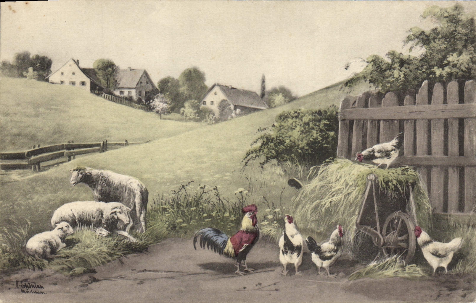 Paysage rural avec moutons et poules — Éditeur P.T.L. Art de l'Éclaireur, n° 163